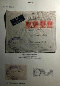 1941 Basra Iraq Indian Labour Batalion OHMS Airmail Cover To Aurangabad