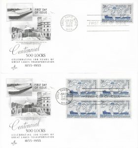 1955 FDC, #1069, 3c Soo Locks, Art Craft, single/block of 4