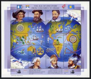 Palau 302 MNH Explorers, Ships, Map, Birds, Fish, Drake, Magellan, Columbus