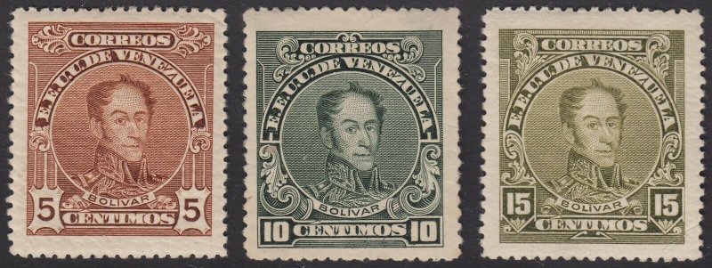 Venezuela 1915-23 5c, 10c & 15c, perf 14 . VLM Mint. Scott 269c-274a, SG 373-75