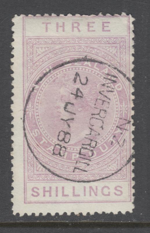 New Zealand Sc AR7v, SG F36, used. 1888 3sh mauve QV Postal Fiscal, sound