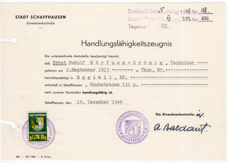 (I.B) Switzerland Revenue : Schaffhausen Local Tax 1Fr (complete document)