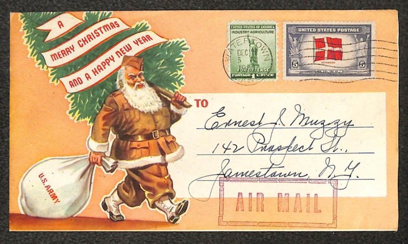 899 & 920 STAMPS MASSACHUSETTS TO NEW YORK CHRISTMAS MILITARY AIRMAIL COVER 1943