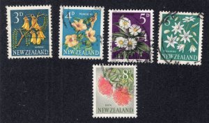 New Zealand 1960-66 3p to 8p Flowers, Scott 337-341 used, value = $1.25