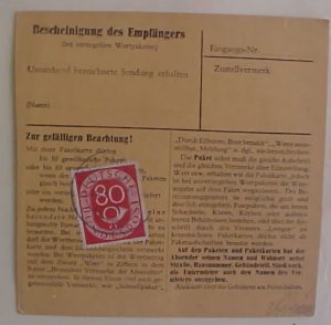 GERMANY #137 ON RECEIPT CARD CAT 100M (=$ 55.00) 1953