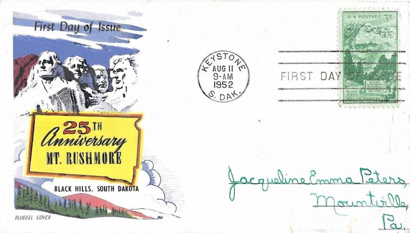 1952 FDC, #1011, 3c Mt. Rushmore, Fluegel Cover