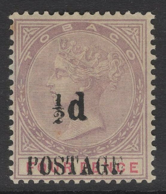 TOBAGO SG33 1896 ½d on 4d LILAC & CARMINE MTD MINT TONED