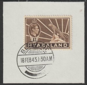 NYASALAND 1938 JG6 LEOPARD  1d brown  on piece with MADAME JOSEPH  POSTMARK