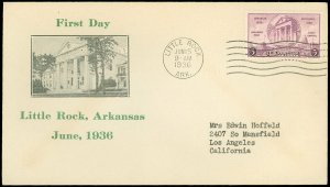 6/15/1936 LITTLE ROCK ARKANSAS Cds, State Capitol Cachet, Roessler FDC #782 Sing