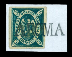 BOLIVIA 1867 CONDOR  5c bl green Scott # 1f used VF beautiful AROMA postal cxl