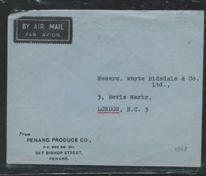 MALAYA BMA (PP2809B) 1948 KGVI 1CX2+3C+15CX3 A/M PENANG TO ENGLAND