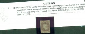 CEYLON #2, (SG1) 6d purple-brown, imperf, unused, Fine, Scott $12,000.00