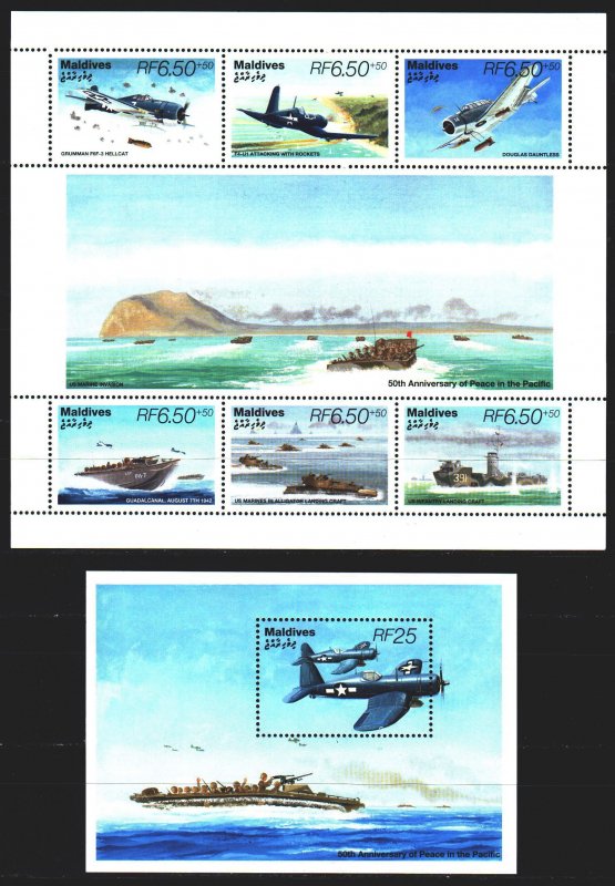 Maldives. 1995. Small sheet 2390-95, bl334. Battle of the Pacific. MNH.