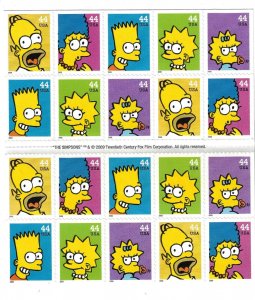 US 4403a, Booklet Pane of 20 - 44¢ stamps.  The Simpsons.  2023 SCV $23.00