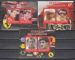 Malawi, 2008 Cinderella issue. Ferrari Race Car Drivers. 3 IMPERF s/sheets of 2.