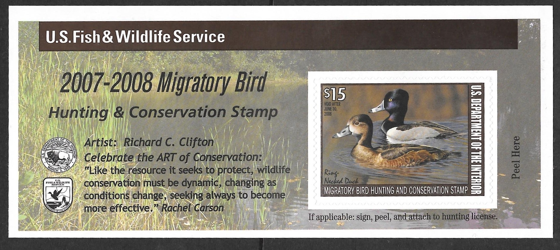 RW 74A 15 2007 SA Ringnecked Ducks Stamp Mint OG NH OG VF United