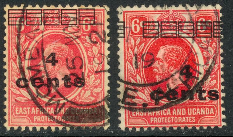 EAST AFRICA AND UGANDA 1919 KGV 4c on 6c SURCHARGE Issue 1 OVPT MISPLACED Sc 62