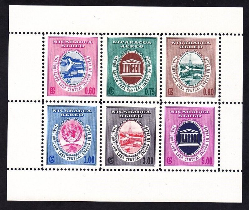 Nicaragua C429a MNH 1958 UNESCO Headquarters Paris Opening Mini Sheet of 6