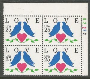 US 2440, MNH, PLATE BLOCK, UR, LOVE DOVES