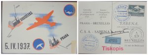 O) 1937 CZECHOSLOVAKIA,  AIR POST STAMP - SMOLIK, BIPLANE,  SABENA C.S.A.  PRAHA