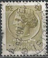 Italy #998J (used) 50 lire Italia, olive (16x19½-20mm) (1968)