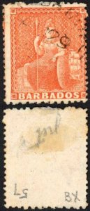 Barbados SG57 (4d) Dull Vermilion Wmk Small Star Perf 11-13 x 14.5-15.5 Cat 110