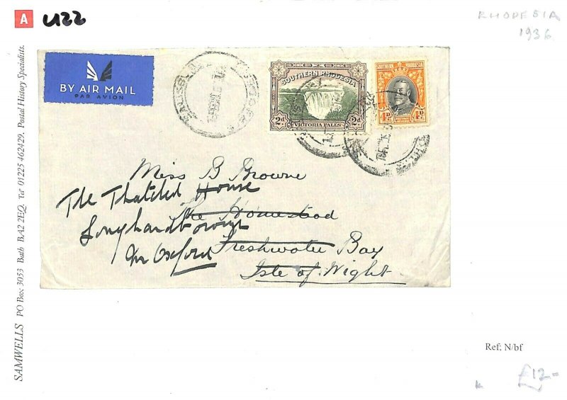 SOUTHERN RHODESIA Cover Unusual 4d+2d Airmail Franking Forwarded GB IOW 1936 U22