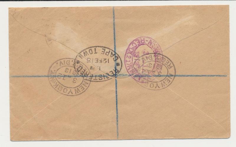 TRANSVAAL 1913 REGISTERED COVER, CAPR TOWN TO NEW YORK, 6½d RATE (SEE BELOW