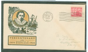 US 736 (1934) 3c founding of the founding of Maryland (Tercentenary) on an addressed first day cover with a linprint cachet