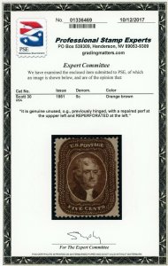 US Stamp #30 Jefferson 5c - PSE Cert - MOGPH - CV $1200.00