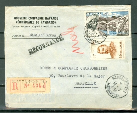 MADAGASCAR 1958 NICE REGISTERED AIR COVER TO MARSEILLE