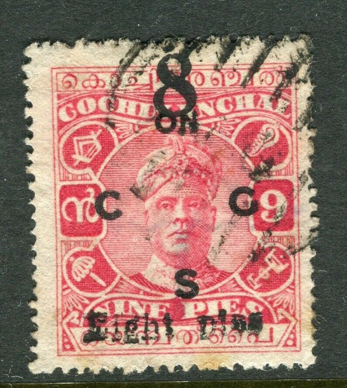 INDIA; COCHIN 1923-24 early surcharged issue ' 8p. ' used value as SGO21