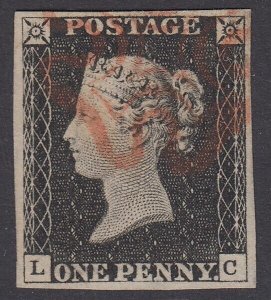SG 2 1d black plate 2 lettered LC. Very fine used with a red Maltese cross...