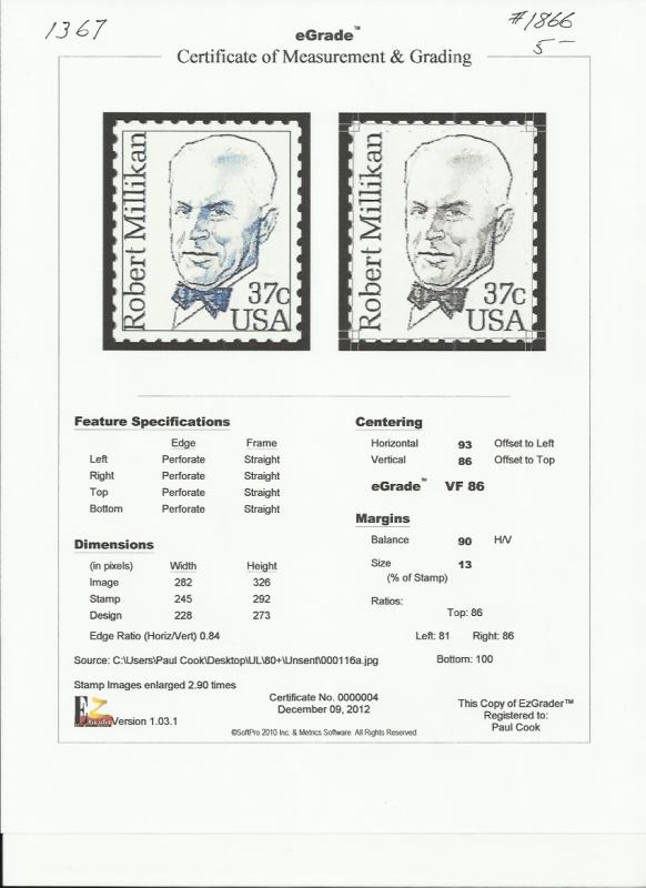 # 1866 MINT NEVER HINGED ROBERT MILLIKAN VF+