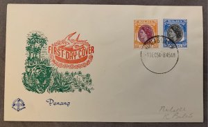 Penang 1954 first day cover, 25c + 50c QEII.  Unusual KEPALA BATAS postmark