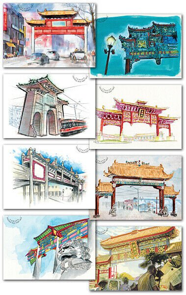 bq. CHINATOWN GATES = set of 8 Postcards with matched stamp images Canada 2013