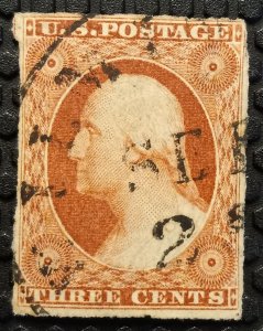 US Scott #11A Used Type II 3c Washington Stamp Imperf 1855