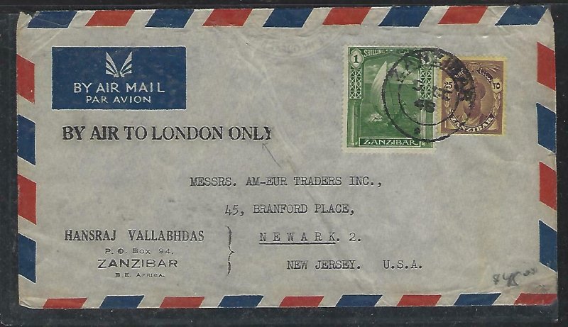 ZANZIBAR  (PP2608B)1948  COVER  SULTAN 25C+ 1/- A/M TO USA,BY AIR TO LONDON ONLY