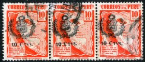 PERU #406, USED STRIP OF 3 , 1943 - PERU045