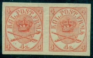 DENMARK #13a (13v7) 4sk Coat of Arms, Imperf Pair, unused no gum, signed Pollak,