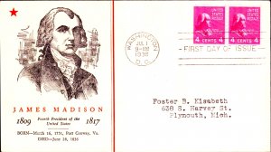 US FDC Pair #808 Linprint M-2 1938 DC  James Madison Prexy Prexie