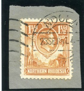 Northern Rhodesia 1938 KGVI 1½d yellow-brown TICK BIRD FLAW variety VFU. SG 30b.