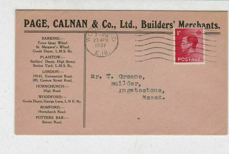 England 1937 Woodford Cancel Page Calnan & Co Ltd Stamps Cover to Essex Rf 31820