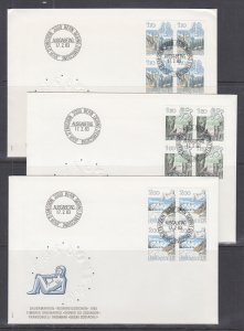 Switzerland Mi 1242/1259, 1983 issues, 5 complete sets in blocks of 4 on 14 FDCs