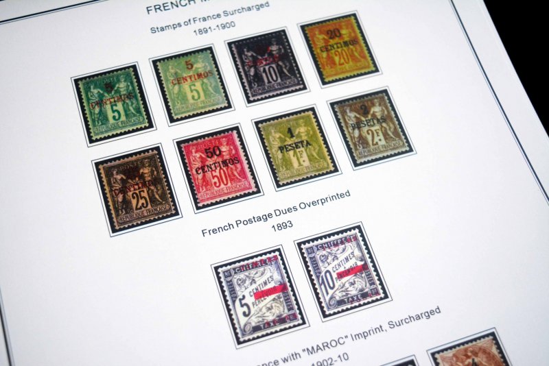 COLOR PRINTED FRENCH MOROCCO 1891-1955 STAMP ALBUM PAGES (46 illustrated pages)