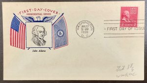 850 Fidelity cachet John Adams Coil, Presidential Series FDC 1939