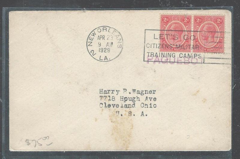 BRITISH HONDURAS  (P0408B) KGV 2C PR COVER, CANCELLED 1929 NEW ORLEANS SLOGAN TO