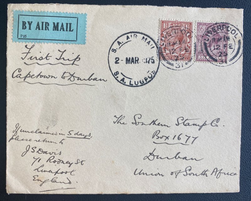 1925 Liverpool England First Flight Airmail Cover FFC to Durban  South Africa