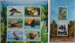 TANZANIA 2 SHEETS BEAUTY OF ZANZIBAR SHIPS MARINE LIFE TURTLES FLOWERS REPTILES