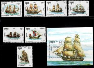 Cambodia Scott 1080-1087 tall ship set and souvenri sheet